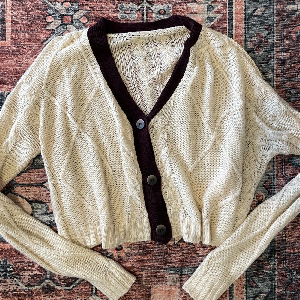 Cream Cable Knit Cardigan Sweater - Picture 3 of 6